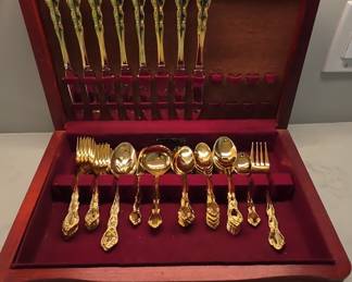 Gold Plated Flatware Set in Wooden Case