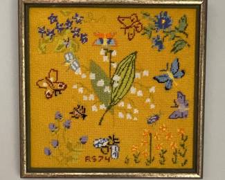 Vintage Needlepoint Lily of the Valley and Butterfly Picture