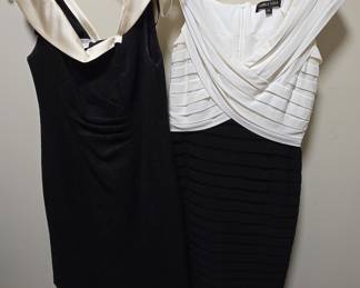 Tadashi Shoji Black Velvet and Champagne Drape Dress, and Tadashi Shoji White and Black Tiered Dress