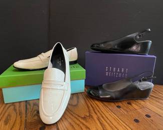 Kate Spade Genevieve Cream Patent Leather Loafers and Stuart Weitzman Black Slingback Wedges