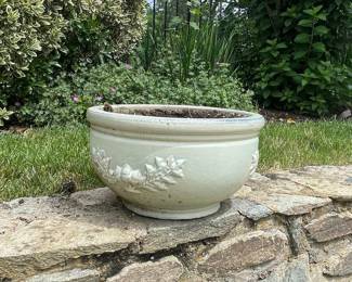 Vintage Celadon Green Ceramic Planter with Embossed Floral Motif