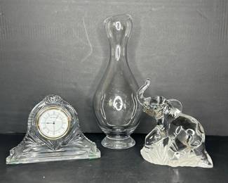 Lenox Crystal Elephant Figurine, Waterford Crystal Clock, and Crystal Vase