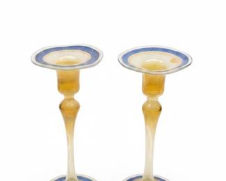 Murano Style Glass Candlesticks with Blue and Gold Accents