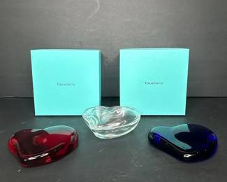 Tiffany & Co. Elsa Peretti Glass Heart Paperweights and Dish