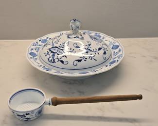 German Meissen Blue Onion Pattern Covered Vegetable Dish and Strainer Spoon
