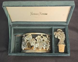 Silver Plate Grapevine Wine Bottle Coaster and Stopper Set