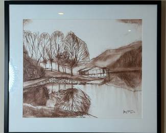 Framed Landscape Drawing Signed