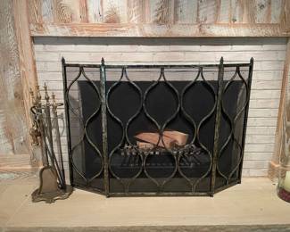 Ornate Wrought Iron Fireplace Screen with Brass Fireplace Tools