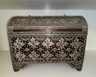 Vintage Moroccan Inlaid Jewelry Box with Coral Stones