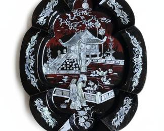 Vintage Mother of Pearl Inlaid Lacquer Tray with Chinoiserie Scene