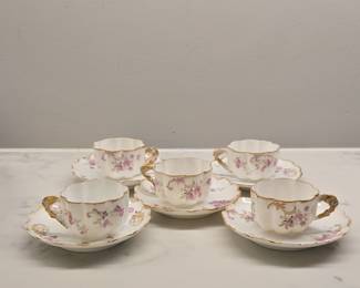 Porcelain Teacups and Saucers with Pink Floral Motif