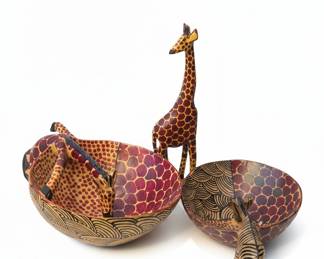 Hand-Carved Wooden Giraffe and Zebra Drinking Bowls with African Motifs