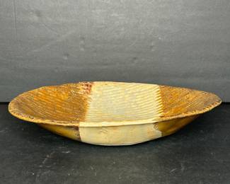 Handmade Ceramic Serving Platter with Ribbed Texture and Variegated Glaze