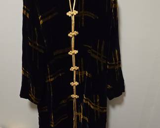 Vintage Black Velvet Jacket with Gold Abstract Pattern and Frog Closures