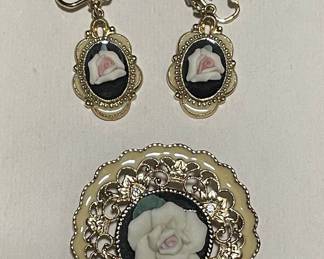 Vintage Rose Cameo Brooch and Earring Set - 1928 Jewelry Co.