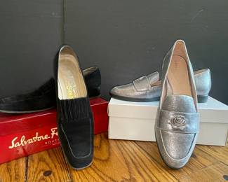 Salvatore Ferragamo Black Suede Loafers and Taryn Rose Silver Metallic Loafers