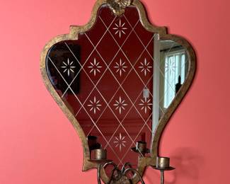 Vintage Etched Red Mirror Sconce with Candlestick Holders