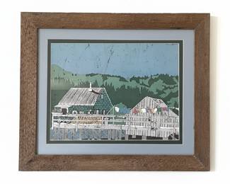 Framed Folk Art Print: Coastal Scene with Laundry Signed