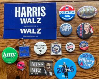 Political Campaign Buttons Assortment - Obama, Clinton, Harris-Walz, Amy, Quayle