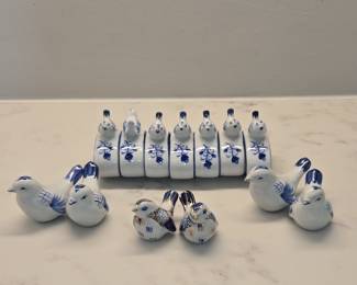 Blue and White Porcelain Bird Figurines and Napkin Holder
