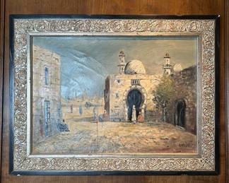 Framed Oil Painting of a Mosque Courtyard Signed