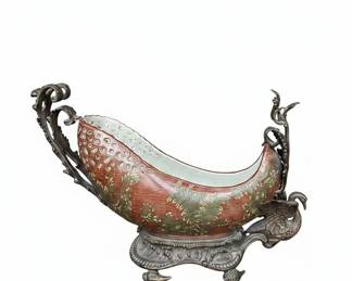 Castilian Porcelain and Bronze Swan Centerpiece Bowl