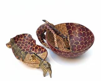 Hand-Carved Wooden Giraffe and Zebra Bowls