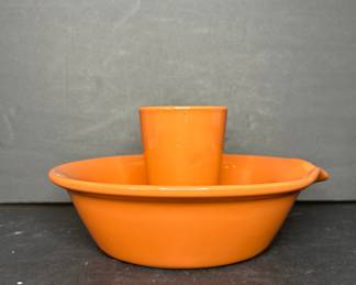 The Chicken Chimney Ceramic Orange Pottery Beer Can Chicken Holder Set