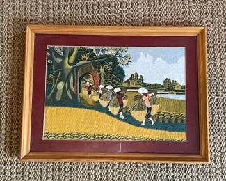 Vintage Vietnamese Silk Embroidery of a Harvest Scene