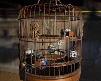 RARE ASIAN TEAK WOOD AND BONE BIRDCAGE