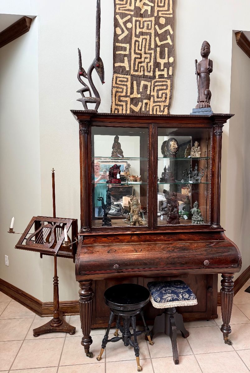 Antique library cabinet with pull out writing desk and mirrored display cabinet