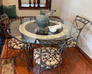 Iron, marble and glass table with 4 chairs