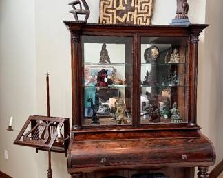 Antique library cabinet with pull out writing desk and mirrored display cabinet