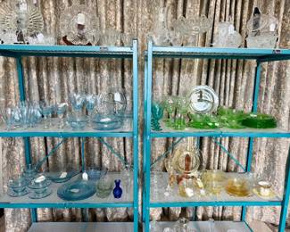 Depression glass in a rainbow of colors.