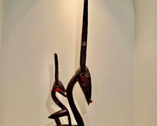 Chi-Wara Headdress (Segou, Mali). 37" tall. Wood, brass plating and fabric.