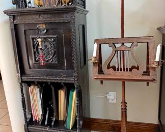 Music stand with ebony finish & hand painted Victorian duet music stand with brass candle arms