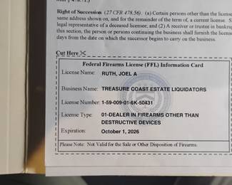 Treasure Coast Estate Liquidators holds an FFL and abides by all state and Federal Regulations regarding the transfer of firearms. You must be over 21 and must be able to pass a m pass a national background check to purchase a firearm in Florida.