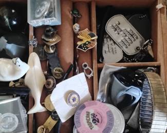 Case Full of Military pins and oddities, Ivory, coins & more