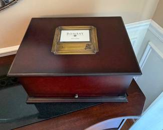 vintage Bombay Company wooden keepsake or jewelry box featuring a brass-accented photo frame on the hinged lid