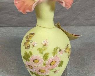 Fenton Burmese Hand Painted "Sample" Vase