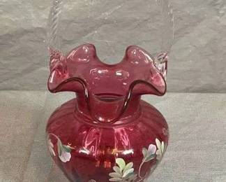 Fenton Cranberry Hand Painted Basket