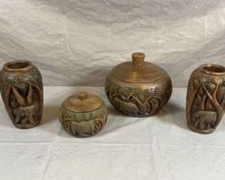 Elephant Themed Carved Wood Vases