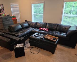 Black Leather Sectional Sofa with Ottoman