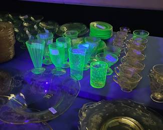 Two 8 foot tables with green (uranium) glass, and yellow glass - different patterns