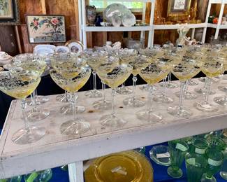 Two 8 foot tables with green (uranium) glass, and yellow glass - different patterns