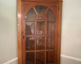 $1,500 primitive style antique corner cupboard with beveled glass panels. 36”w,16”d,8’t