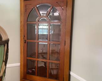 $1,500 primitive style antique corner cupboard with beveled glass panels. 36”w,16”d,8’t
