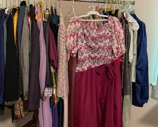Ladies (size 8/small) fine suits, skirts, evening dresses, fur jacket and stole, hats, evening purses, cowboy boats