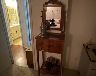 $500.   Man’s antique oak shaving stand with lower shelf and storage (rare)