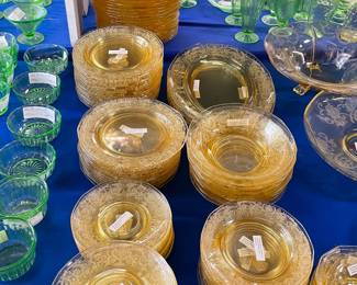 Two 8 foot tables with green (uranium) glass, and yellow glass - different patterns